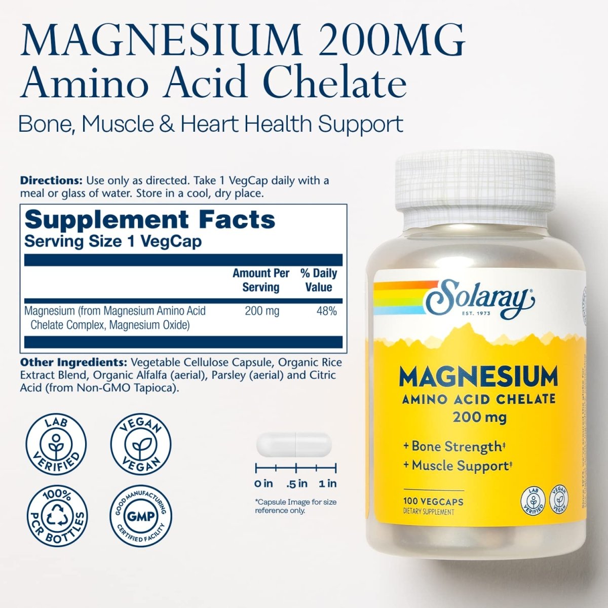 Solaray Magnésium Chélaté Acides Aminés 200 mg, Complément de Magnésium Chélaté pour la Santé Osseuse, la Santé Cardiaque et le Soutien de la Fonction Musculaire, Végétalien, Garantie de Remboursement de 60 Jours, 100 Portions, 100 VegCaps