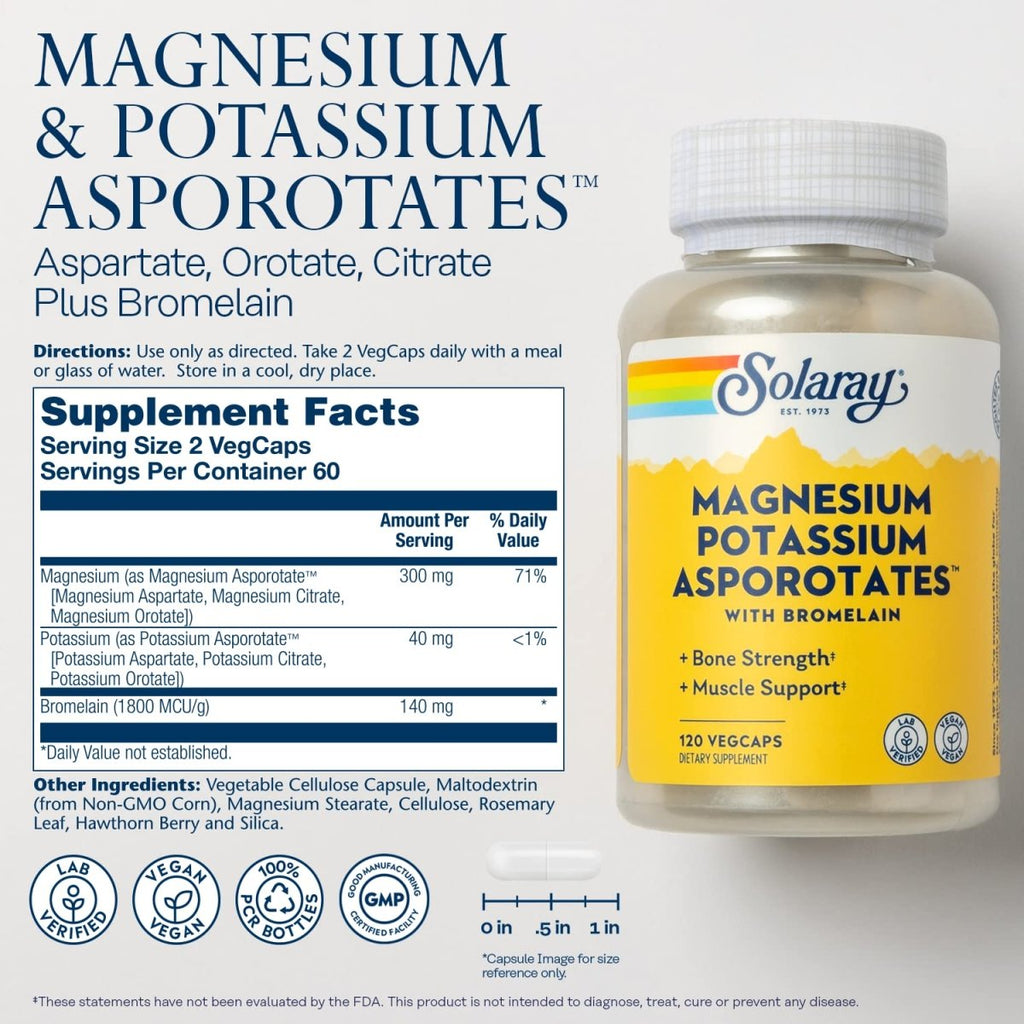 Solaray Magnésium et Potassium Aspartates avec Bromélaïne, Complément Magnésium Potassium pour la Force Osseuse et le Soutien Musculaire, Compléments Magnésium Potassium Végétaliens, 60 Portions, 120 Végécaps