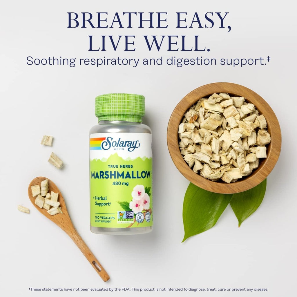 SOLARAY Racine de guimauve 480 mg Soutien de la fonction respiratoire saine et de la digestion Sans OGM et végétalien 100 VegCaps
