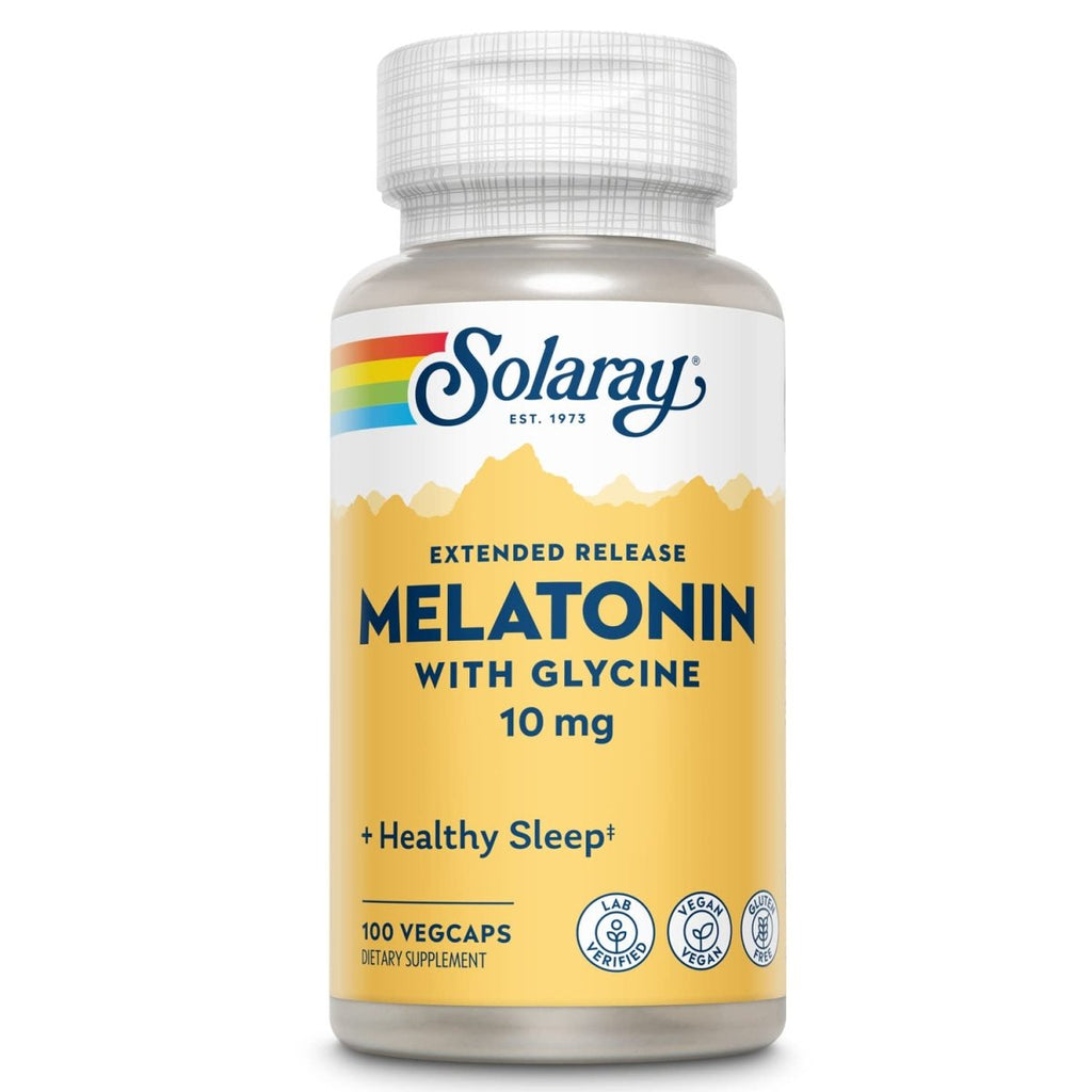 Mélatonine SOLARAY 10 mg avec Glycine, à libération prolongée, Favorise un cycle de sommeil sain et une relaxation apaisante, 100 gélules végétales
