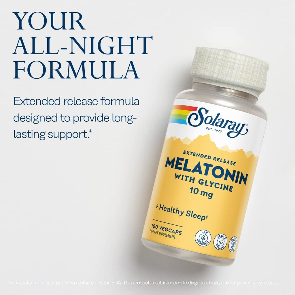 Mélatonine SOLARAY 10 mg avec Glycine, à libération prolongée, Favorise un cycle de sommeil sain et une relaxation apaisante, 100 gélules végétales