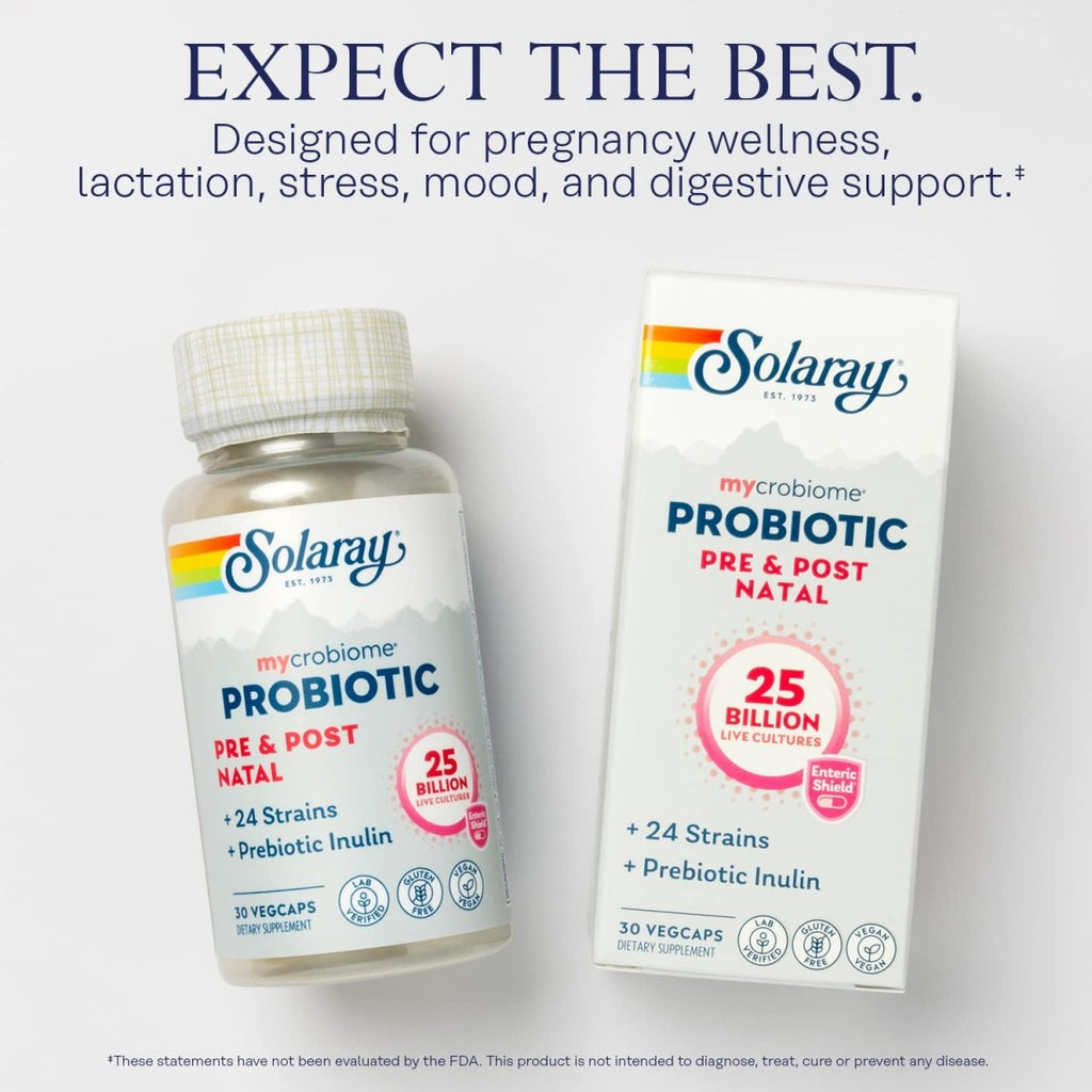 SOLARAY Mycrobiome Probiotiques formule pré et postnatale, probiotiques prénataux pour femmes, bien-être de la grossesse, allaitement, soutien du stress, de l'humeur et de la digestion, 25 milliards d'UFC, 30 portions, 30 gélules végétales