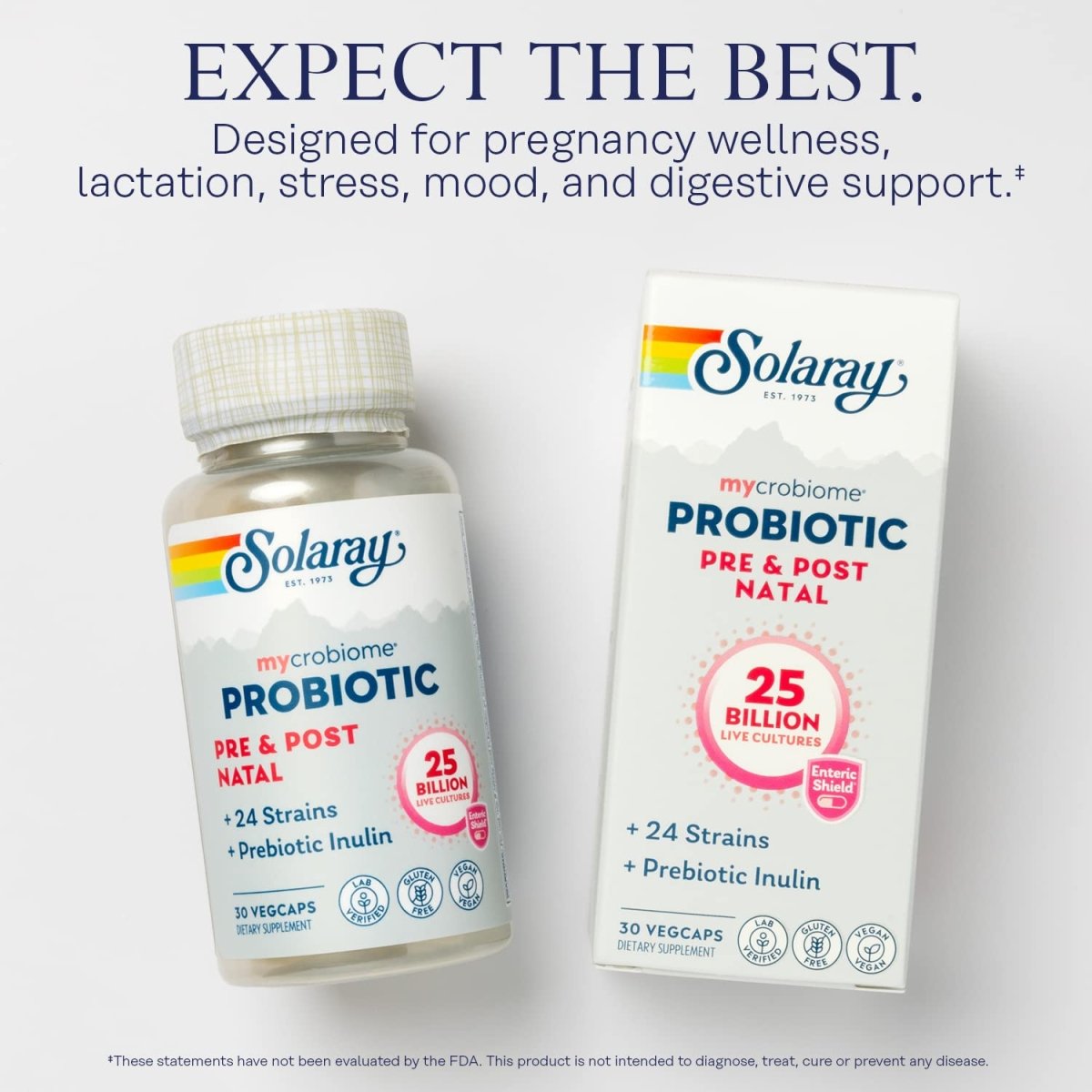 SOLARAY Mycrobiome Probiotiques formule pré et postnatale, probiotiques prénataux pour femmes, bien-être de la grossesse, allaitement, soutien du stress, de l'humeur et de la digestion, 25 milliards d'UFC, 30 portions, 30 gélules végétales