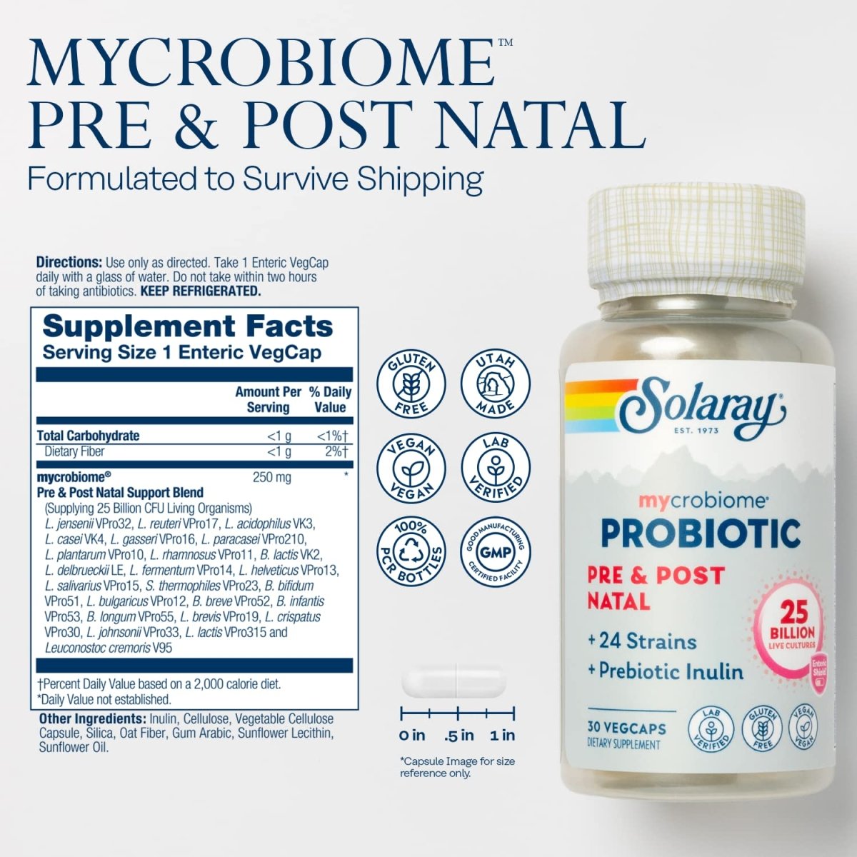 SOLARAY Mycrobiome Probiotiques formule pré et postnatale, probiotiques prénataux pour femmes, bien-être de la grossesse, allaitement, soutien du stress, de l'humeur et de la digestion, 25 milliards d'UFC, 30 portions, 30 gélules végétales