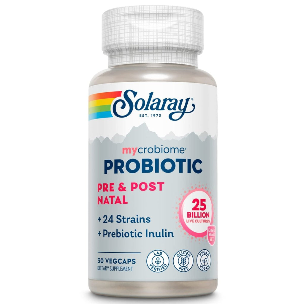SOLARAY Mycrobiome Probiotiques formule pré et postnatale, probiotiques prénataux pour femmes, bien-être de la grossesse, allaitement, soutien du stress, de l'humeur et de la digestion, 25 milliards d'UFC, 30 portions, 30 gélules végétales