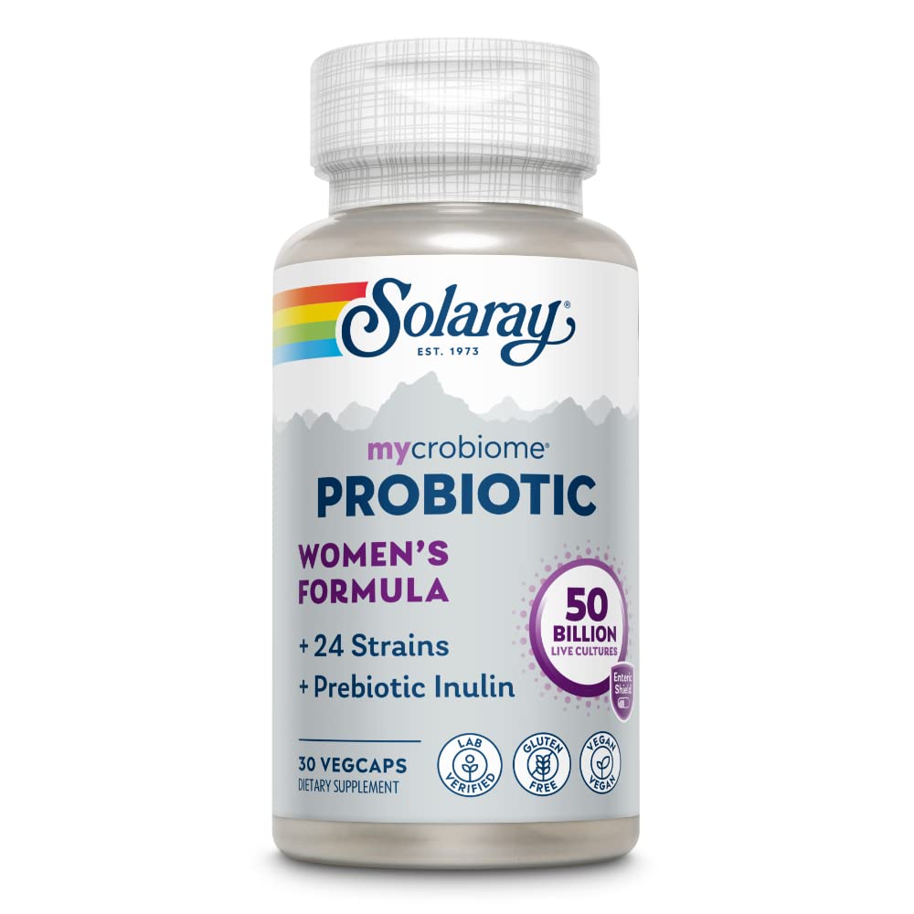 SOLARAY Mycrobiome Formule probiotique pour femmes, 24 souches et inuline prébiotique, spécialement formulée pour les femmes, soutien de la digestion, de l'humeur et des voies urinaires, 50 milliards d'UFC, 30 portions, 30 VegCaps