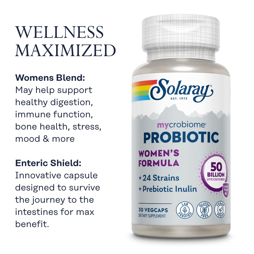 SOLARAY Mycrobiome Formule probiotique pour femmes, 24 souches et inuline prébiotique, spécialement formulée pour les femmes, soutien de la digestion, de l'humeur et des voies urinaires, 50 milliards d'UFC, 30 portions, 30 VegCaps