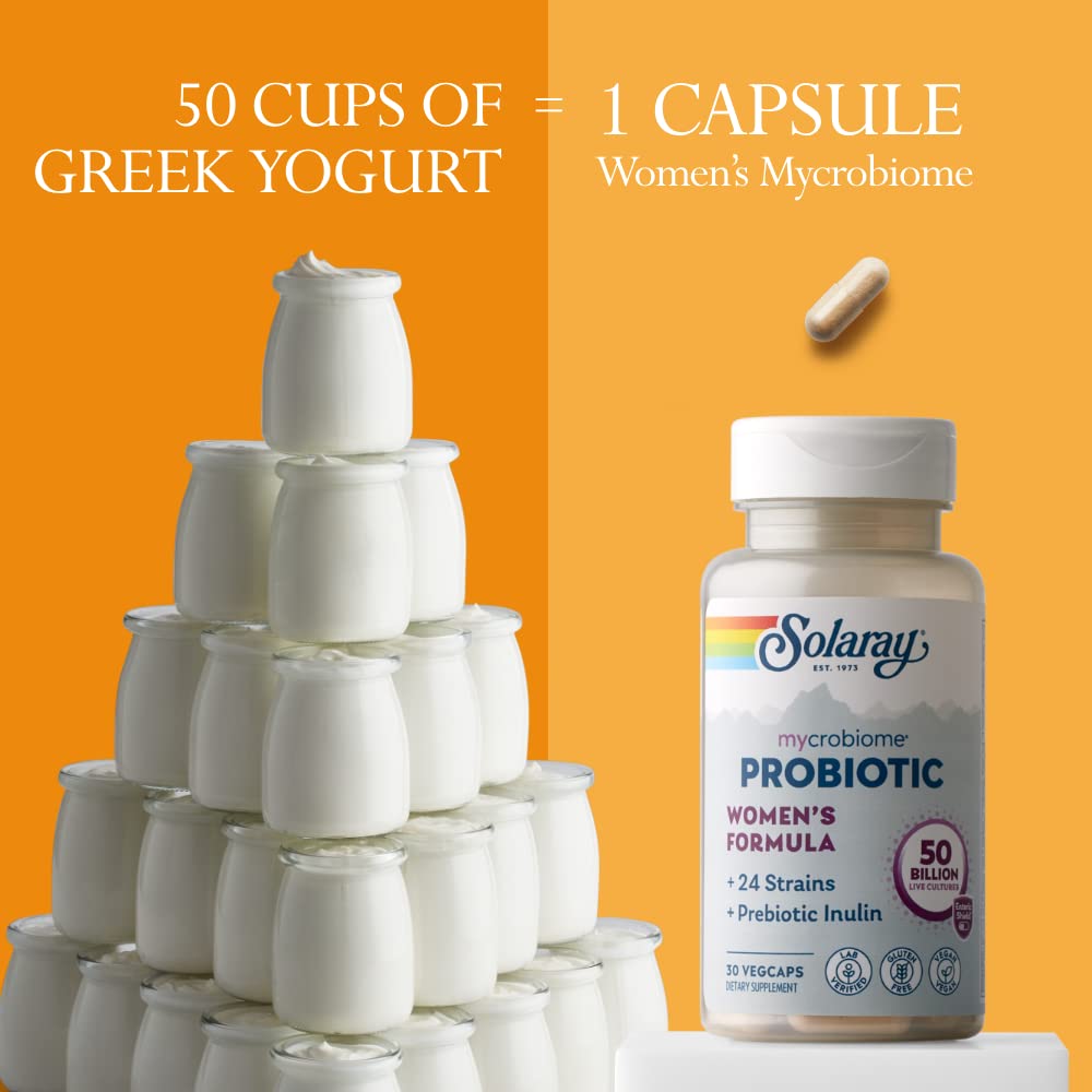 SOLARAY Mycrobiome Formule probiotique pour femmes, 24 souches et inuline prébiotique, spécialement formulée pour les femmes, soutien de la digestion, de l'humeur et des voies urinaires, 50 milliards d'UFC, 30 portions, 30 VegCaps