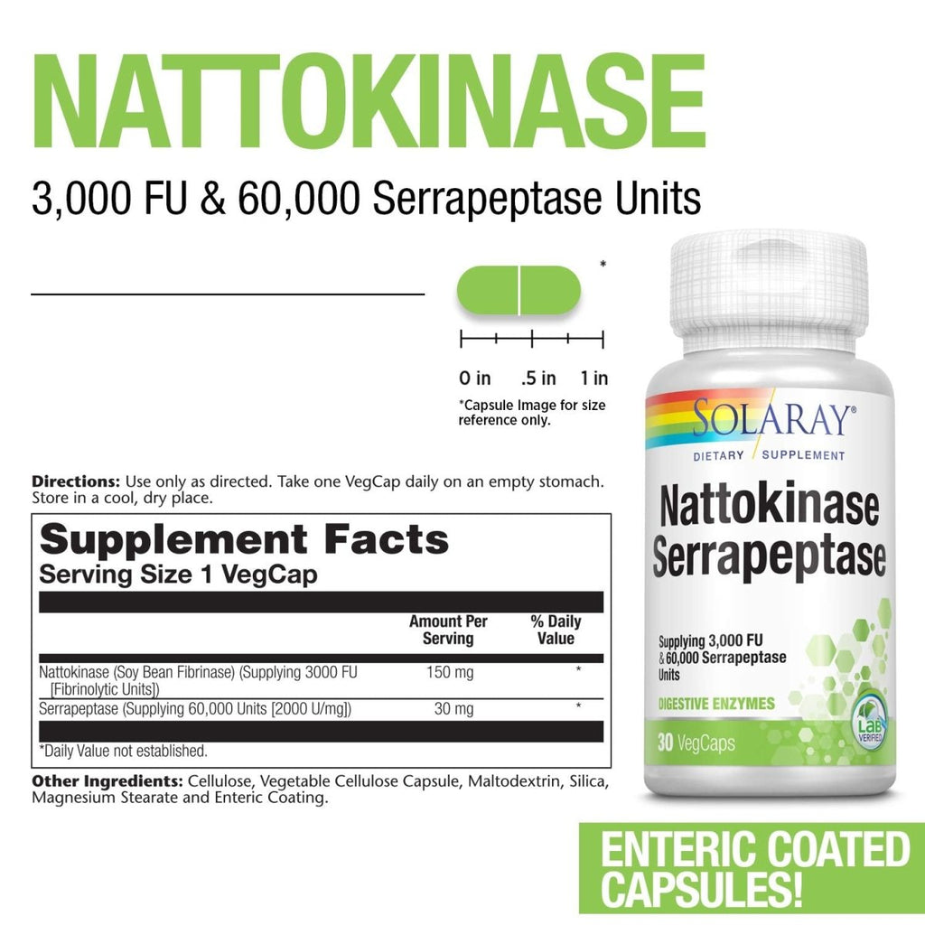 SOLARAY Nattokinase et Serrapeptase Complément 30 Comprimés
