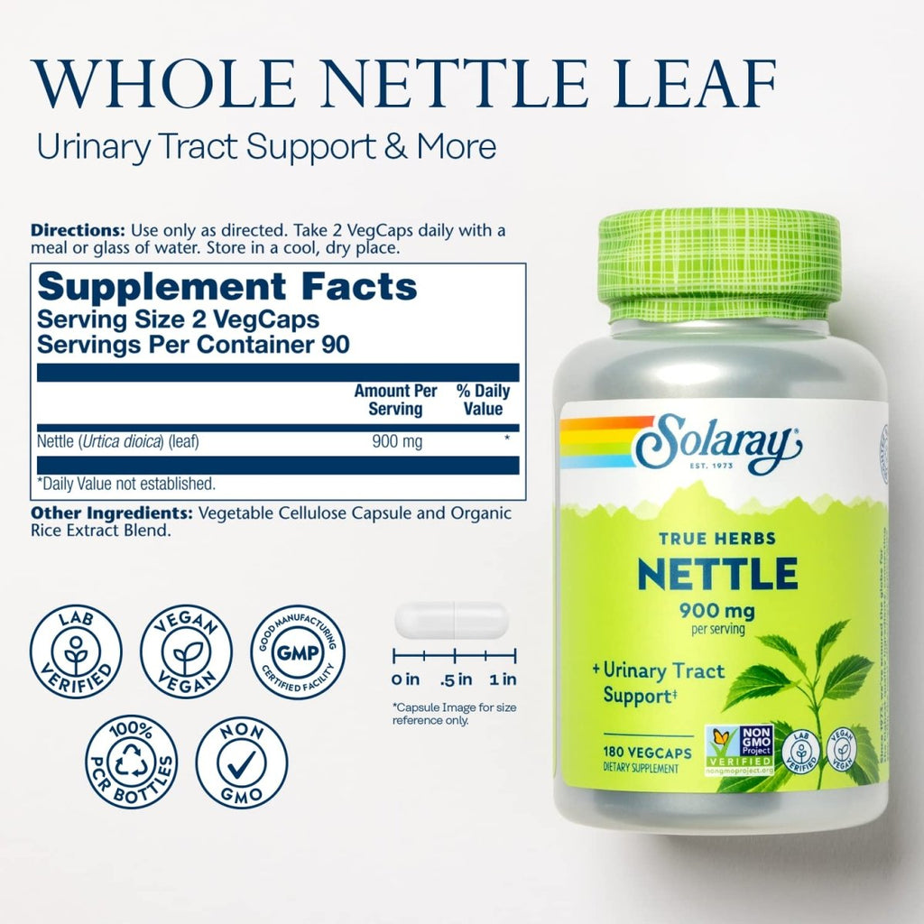 SOLARAY Feuille d'Ortie 450mg Soutien Sain pour les Reins, les Voies Urinaires et la Prostate Utilisation Traditionnelle pour une Réponse Allergique Saine et le Bien-être Respiratoire 180 GÉLULES
