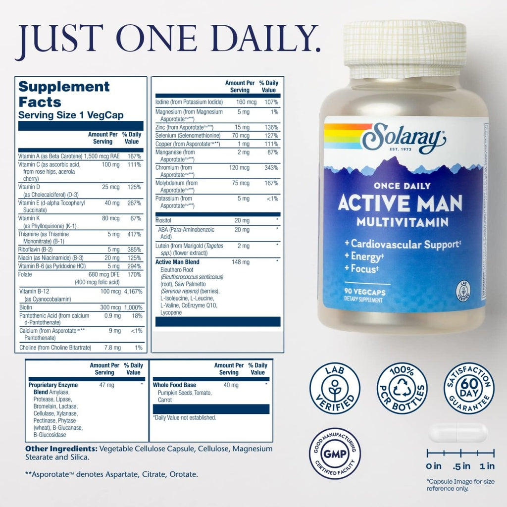 SOLARAY Once Daily Active Man Multivitamine et Minéraux, Multivitamine pour le Soutien Cardiovasculaire, Énergie et Concentration, Mélange d'Enzymes Digestives, Acides Aminés et Base Alimentaire Complète, 90 Portions, 90 Gélules Végétales