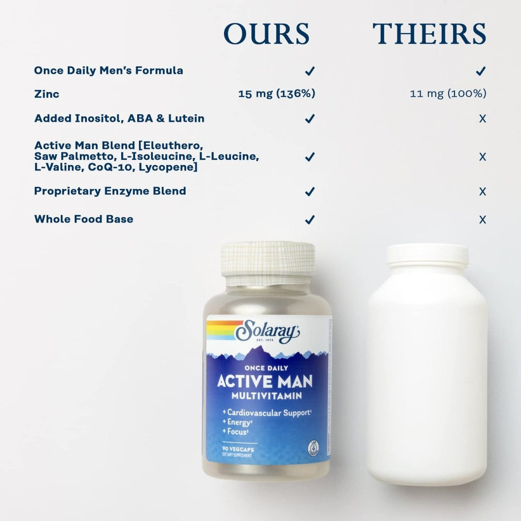 SOLARAY Once Daily Active Man Multivitamine et Minéraux, Multivitamine pour le Soutien Cardiovasculaire, Énergie et Concentration, Mélange d'Enzymes Digestives, Acides Aminés et Base Alimentaire Complète, 90 Portions, 90 Gélules Végétales