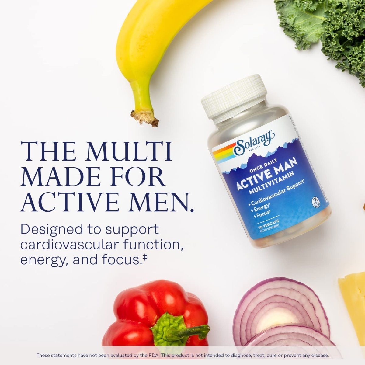 SOLARAY Once Daily Active Man Multivitamine et Minéraux, Multivitamine pour le Soutien Cardiovasculaire, Énergie et Concentration, Mélange d'Enzymes Digestives, Acides Aminés et Base Alimentaire Complète, 90 Portions, 90 Gélules Végétales