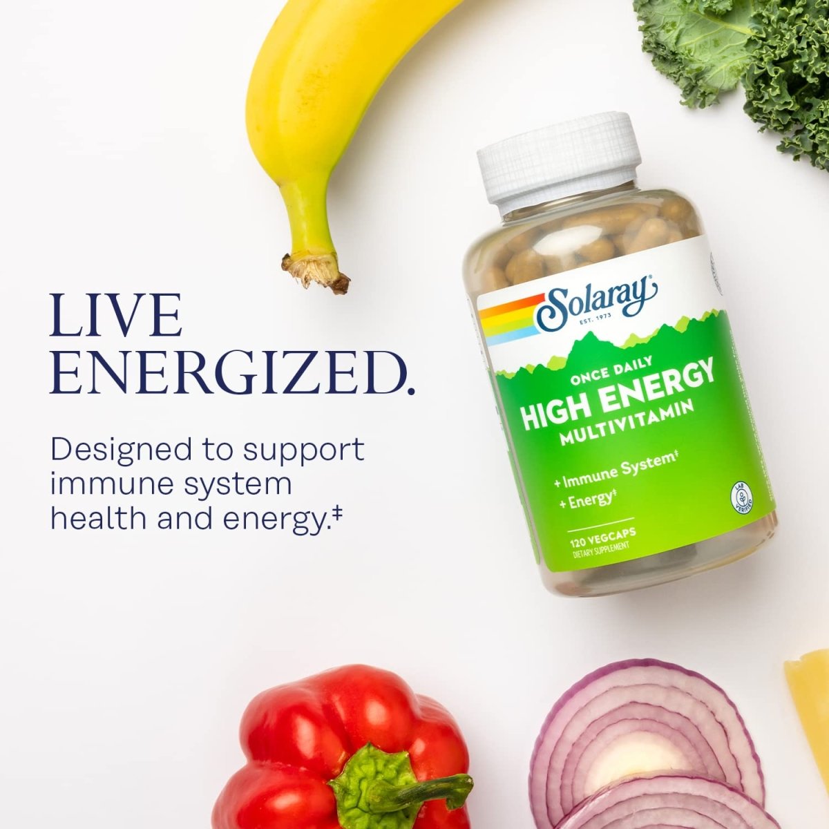 SOLARAY Multivitamine haute énergie quotidienne unique, soutien du système immunitaire et de l'énergie, ingrédients à base d'aliments entiers et d'herbes, multivitamines pour hommes et femmes, 120 portions, 120 VegCaps