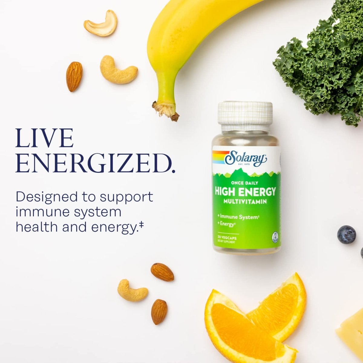 SOLARAY Multivitamine haute énergie quotidienne, soutien du système immunitaire et de l'énergie, ingrédients à base d'aliments complets et d'herbes, multivitamines pour hommes et femmes, 30 portions, 30 VegCaps