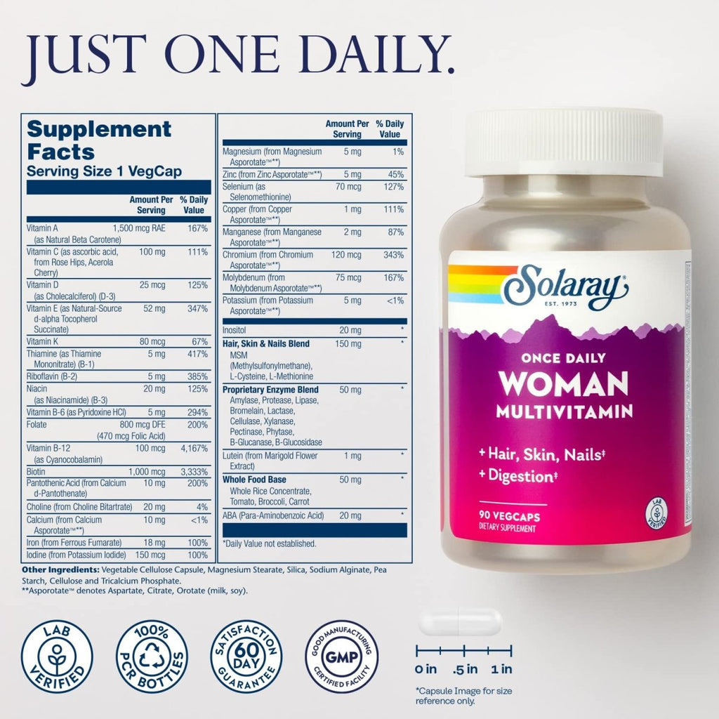 Solaray Once Daily Femme Multivitamine avec Fer, Multivitamine pour Femmes avec Mélange Cheveux, Peau & Ongles, Mélange d'Enzymes & Base d'Aliments Complets, Soutien Énergétique, Immunitaire & Digestif Sain, 90 Portions, 90 Gélules Végétales