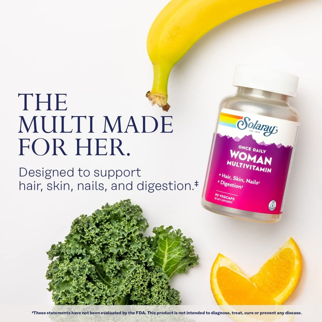 Solaray Once Daily Femme Multivitamine avec Fer, Multivitamine pour Femmes avec Mélange Cheveux, Peau & Ongles, Mélange d'Enzymes & Base d'Aliments Complets, Soutien Énergétique, Immunitaire & Digestif Sain, 90 Portions, 90 Gélules Végétales