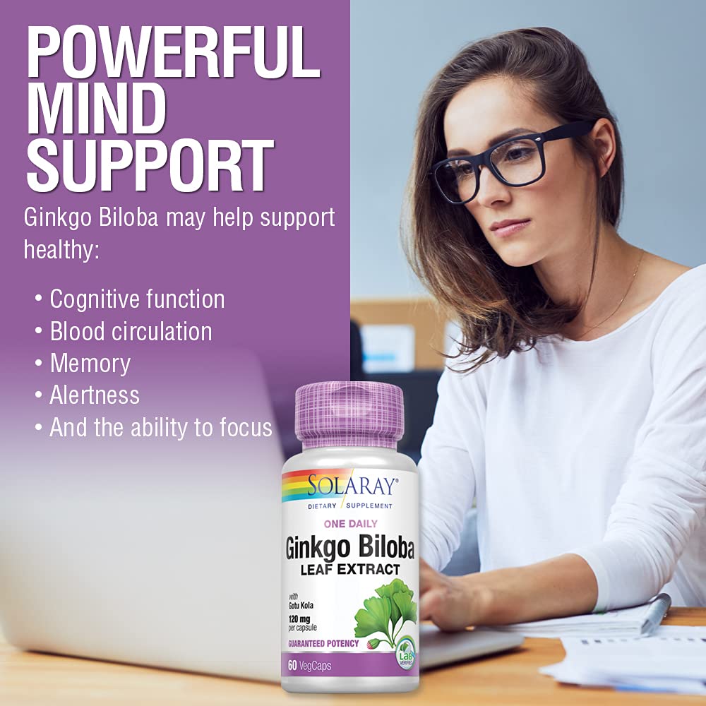 SOLARAY Extrait de feuille de Ginkgo Biloba Quotidien - Favorise la circulation sanguine, la mémoire et les fonctions cérébrales (60 gélules végétales) (60 gélules végétales)