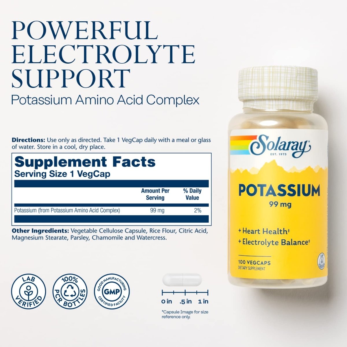 Solaray Potassium 99 mg, formule d'équilibre hydrique et électrolytique, supplément de potassium pour soutenir la santé musculaire, nerveuse, cellulaire et cardiaque, garantie de remboursement de 60 jours, 100 portions, 100 VegCaps