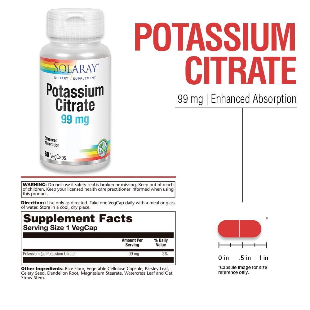 Solaray Citrate de potassium, Équilibre électrolytique sain, Soutien de la fonction nerveuse et musculaire, Végétalien, 60 gélules végétales