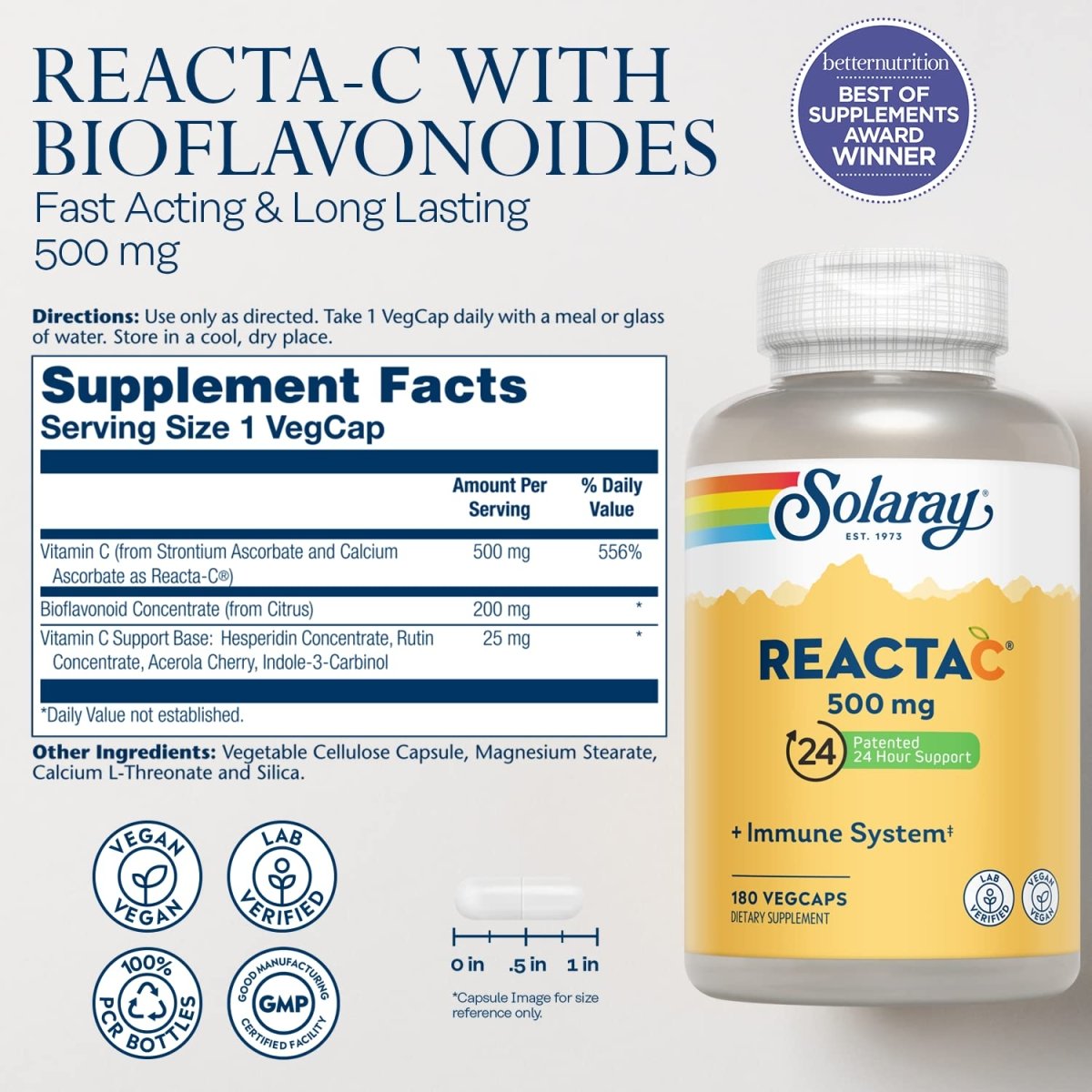 SOLARAY Reacta C avec Bioflav Capsules de vitamines, 500 mg, 180 capsules