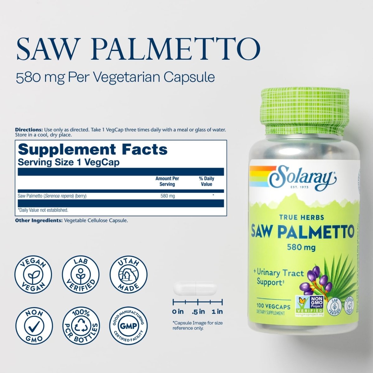 Solaray Baies de Palmier Nain 580mg 100 Vcaps  1550