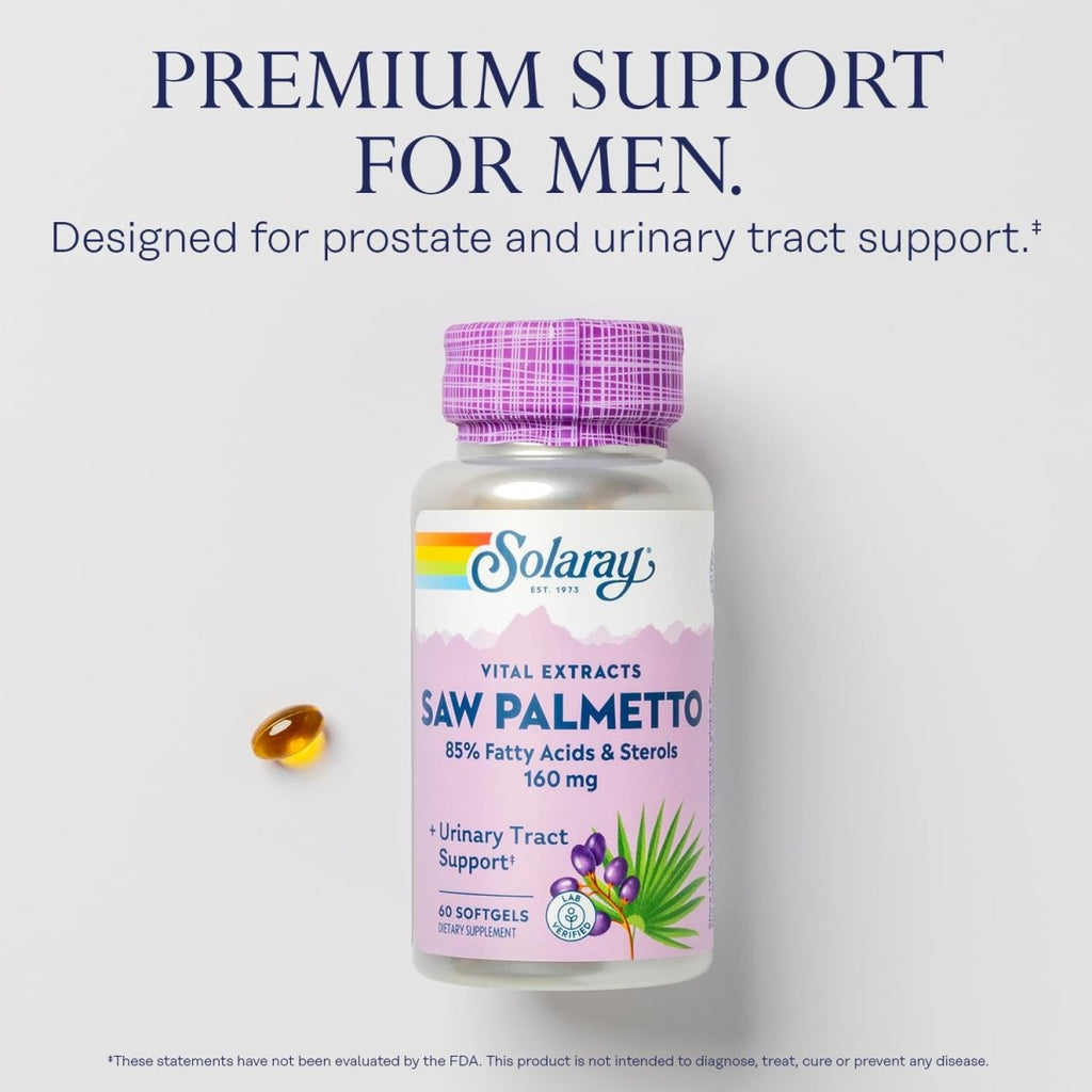 SOLARAY Extrait de Saw Palmetto - Santé de la prostate et soutien des voies urinaires - 136 mg d'acides gras et de stérols - Vérifié en laboratoire, Garantie de remboursement de 60 jours (60 portions, 60 capsules molles)