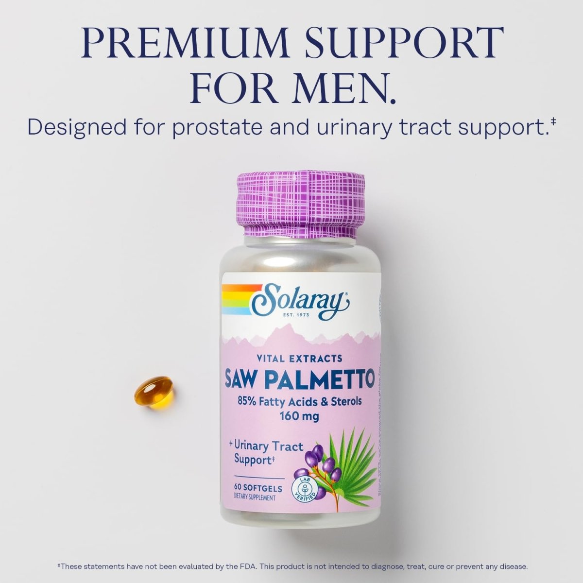 SOLARAY Extrait de Saw Palmetto - Santé de la prostate et soutien des voies urinaires - 136 mg d'acides gras et de stérols - Vérifié en laboratoire, Garantie de remboursement de 60 jours (60 portions, 60 capsules molles)