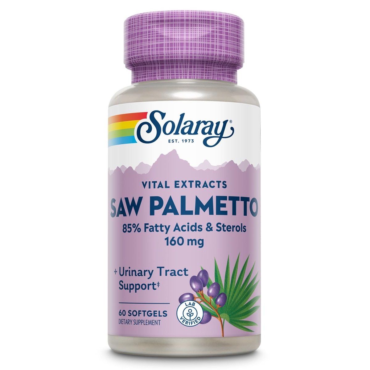 SOLARAY Extrait de Saw Palmetto - Santé de la prostate et soutien des voies urinaires - 136 mg d'acides gras et de stérols - Vérifié en laboratoire, Garantie de remboursement de 60 jours (60 portions, 60 capsules molles)