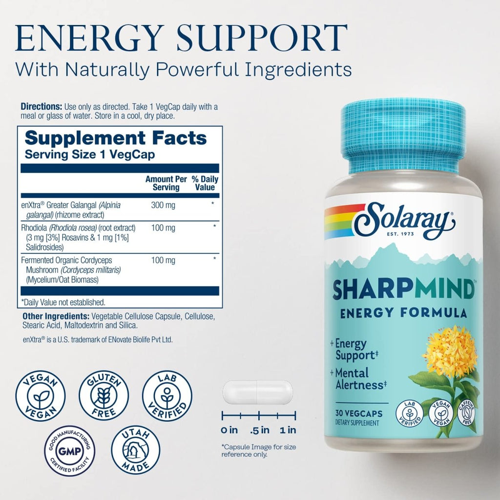 SOLARAY SharpMind Energy, Booster d'Énergie pour Femmes et Hommes, Supplément Nootropique pour la Concentration, Pilules Énergisantes Sans Caféine avec Rhodiola Rosea et Cordyceps, Garantie 60 Jours, 30 Doses, 30 Capsules Végétales