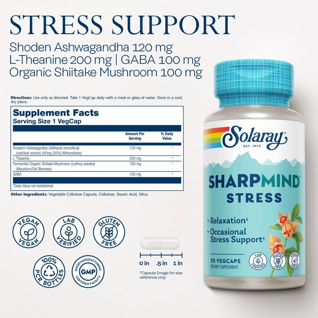 SOLARAY SharpMind Stress, complément nootropique pour soutenir l'humeur, la relaxation et soulager le stress occasionnel, adaptogène avec ashwagandha, L-théanine, garantie de remboursement de 60 jours, 30 doses, 30 VegCaps