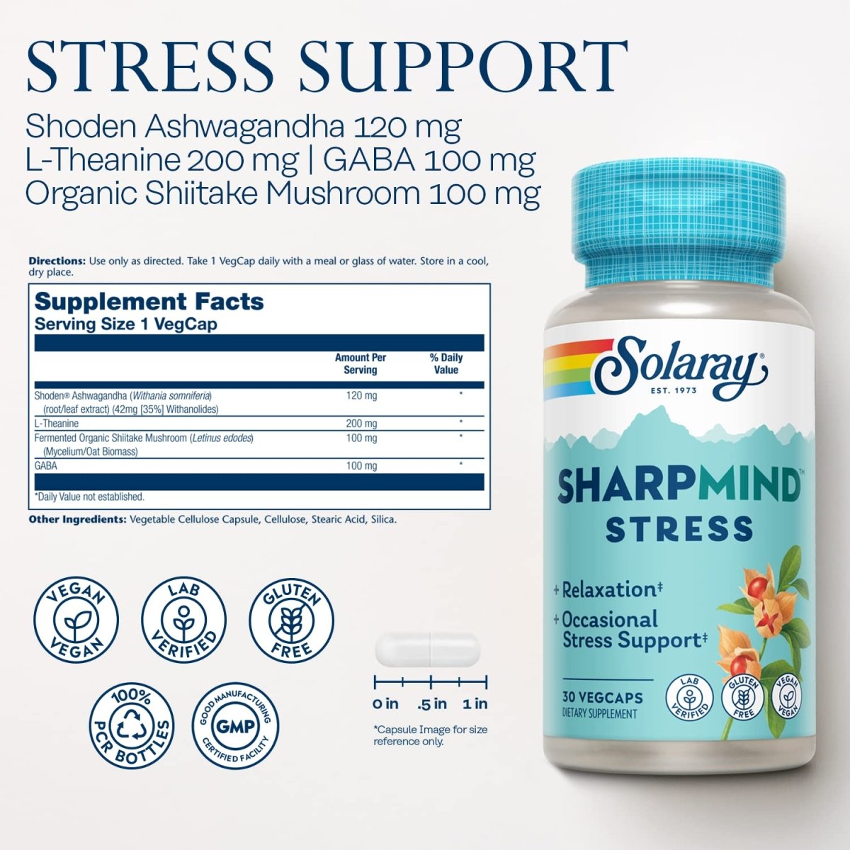 SOLARAY SharpMind Stress, complément nootropique pour soutenir l'humeur, la relaxation et soulager le stress occasionnel, adaptogène avec ashwagandha, L-théanine, garantie de remboursement de 60 jours, 30 doses, 30 VegCaps