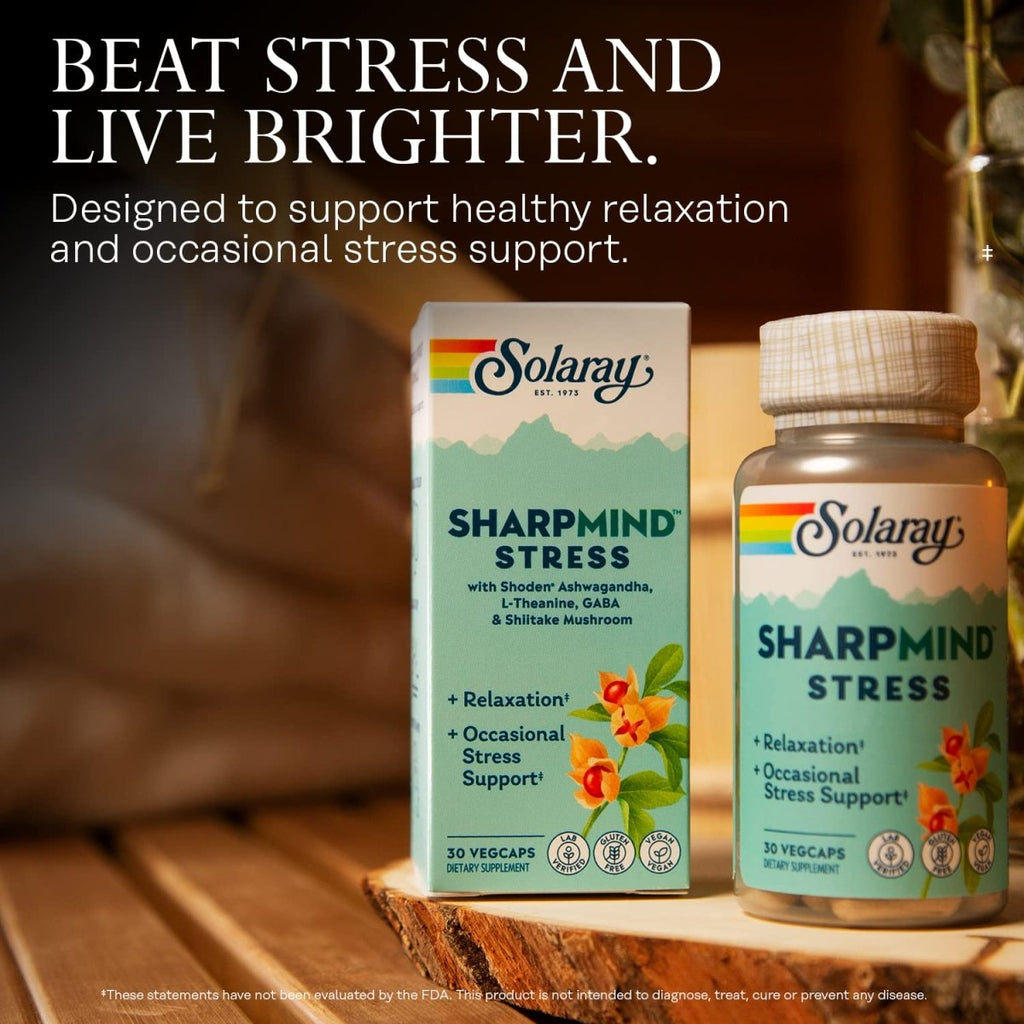 SOLARAY SharpMind Stress, complément nootropique pour soutenir l'humeur, la relaxation et soulager le stress occasionnel, adaptogène avec ashwagandha, L-théanine, garantie de remboursement de 60 jours, 30 doses, 30 VegCaps
