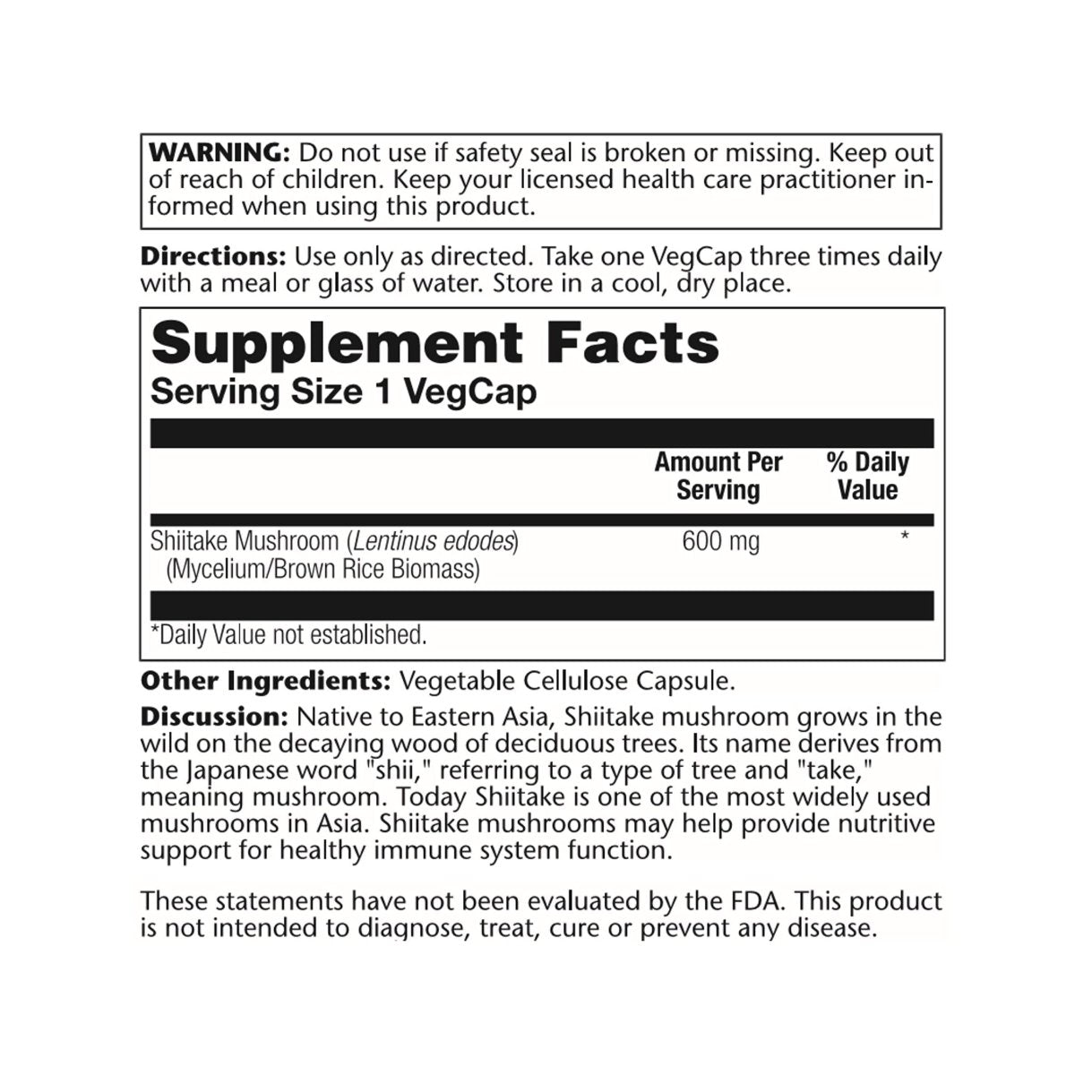 SOLARAY Shiitake 600 mg 100 Gélules