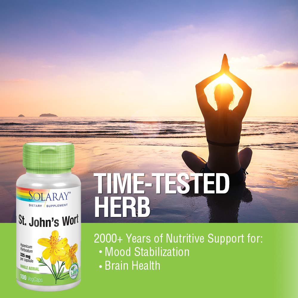 SOLARAY Millepertuis 325mg Partie Aérienne Entière Sans OGM, Vérifié en Laboratoire Vegan (100 CT)