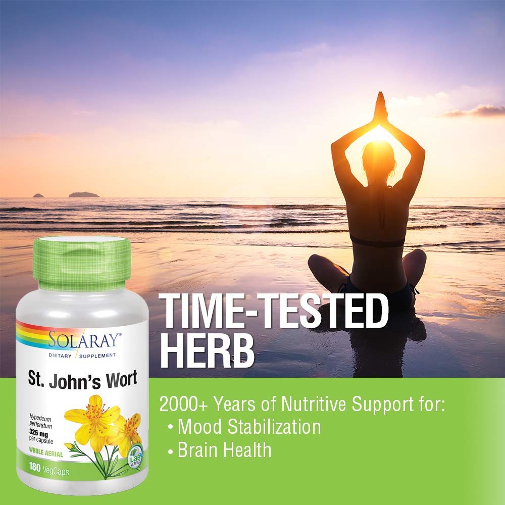 SOLARAY Millepertuis 325 mg Parties Aériennes Entières Non-OGM, Vérifié en Laboratoire et Vegan (180 GÉLULES)
