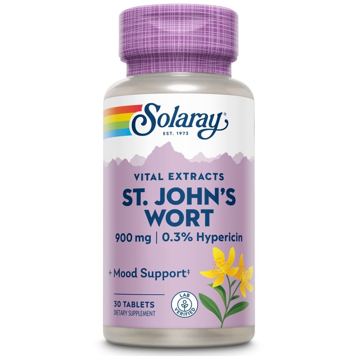 SOLARAY Millepertuis 900 mg, Complément de Soutien de l'Humeur Quotidien, Standardisé à 0,3% d'Hypéricine pour la Santé Cérébrale et une Humeur Équilibrée, Garantie Satisfait ou Remboursé de 60 Jours 30 Doses 30 Comprimés
