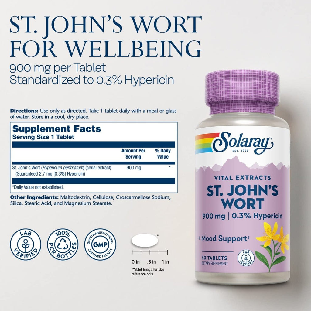 SOLARAY Millepertuis 900 mg, Complément de Soutien de l'Humeur Quotidien, Standardisé à 0,3% d'Hypéricine pour la Santé Cérébrale et une Humeur Équilibrée, Garantie Satisfait ou Remboursé de 60 Jours 30 Doses 30 Comprimés