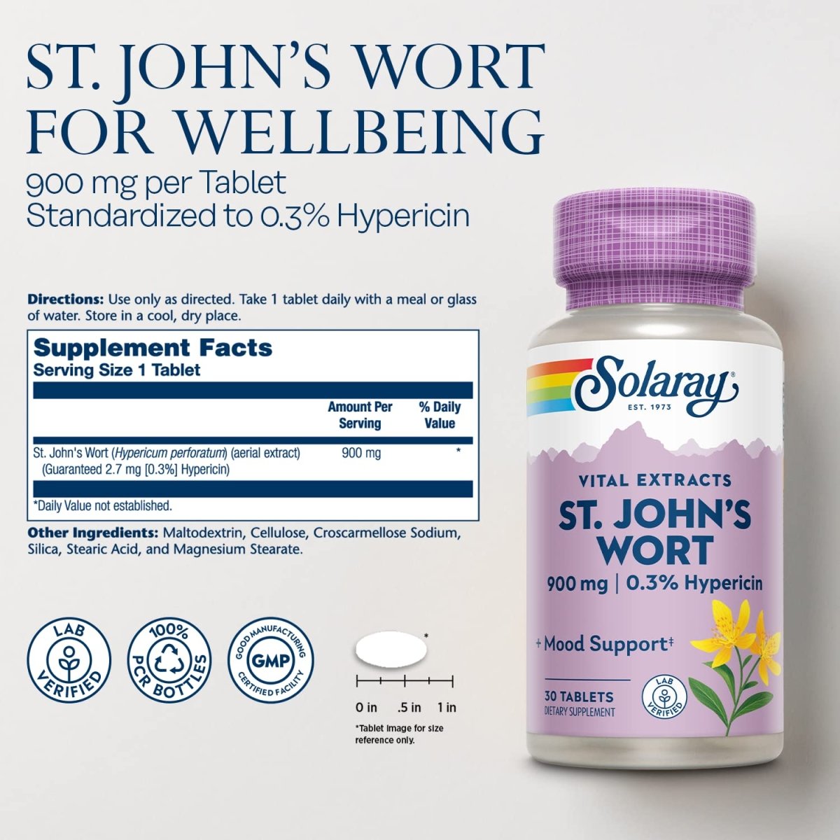 SOLARAY Millepertuis 900 mg, Complément de Soutien de l'Humeur Quotidien, Standardisé à 0,3% d'Hypéricine pour la Santé Cérébrale et une Humeur Équilibrée, Garantie Satisfait ou Remboursé de 60 Jours 30 Doses 30 Comprimés