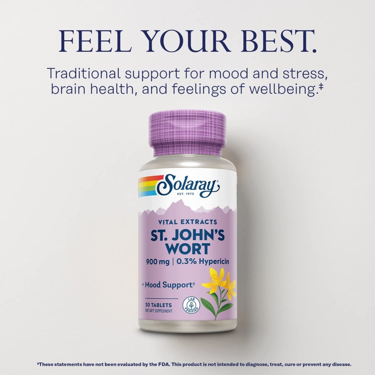 SOLARAY Millepertuis 900 mg, Complément de Soutien de l'Humeur Quotidien, Standardisé à 0,3% d'Hypéricine pour la Santé Cérébrale et une Humeur Équilibrée, Garantie Satisfait ou Remboursé de 60 Jours 30 Doses 30 Comprimés