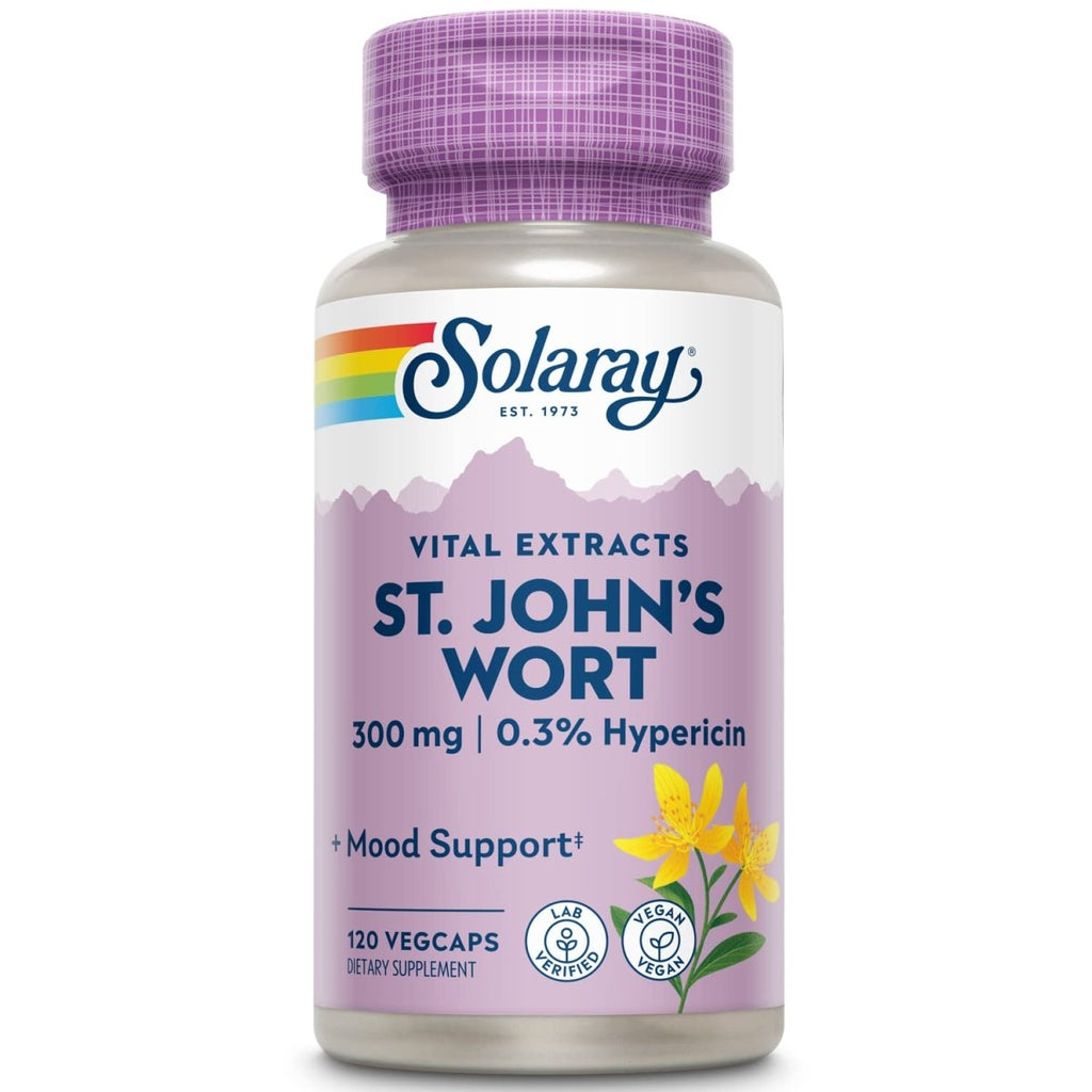 SOLARAY Millepertuis (Hypericum perforatum) Extrait de partie aérienne 300 mg, 0,3% Hypéricine, Soutien de l'humeur et de la santé cérébrale, Végan et vérifié en laboratoire pour la qualité, 120 portions, 120 VegCaps