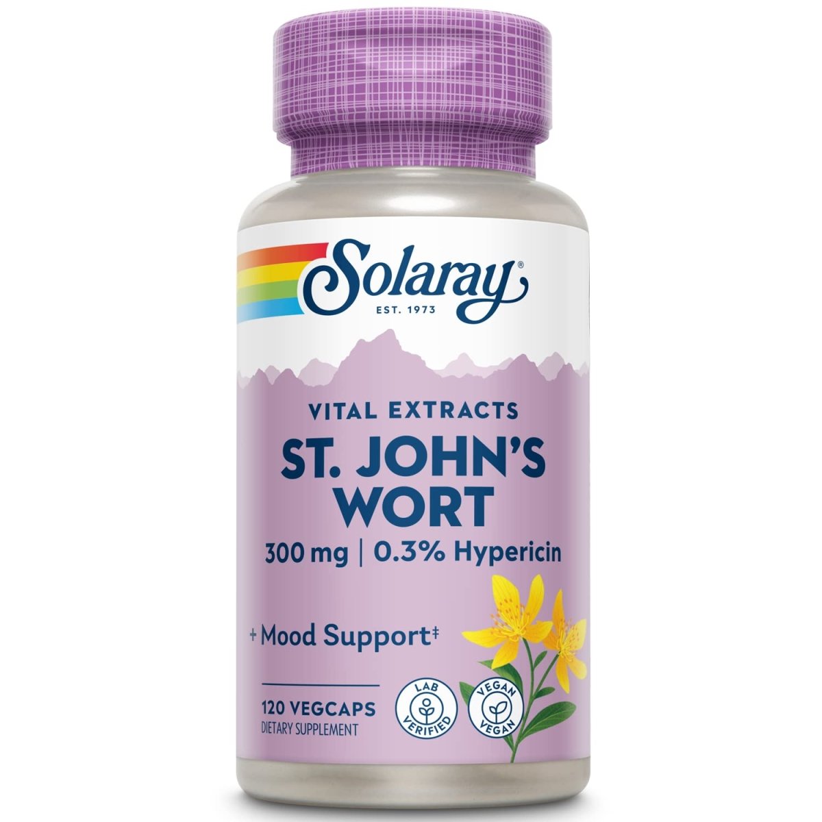 SOLARAY Millepertuis (Hypericum perforatum) Extrait de partie aérienne 300 mg, 0,3% Hypéricine, Soutien de l'humeur et de la santé cérébrale, Végan et vérifié en laboratoire pour la qualité, 120 portions, 120 VegCaps