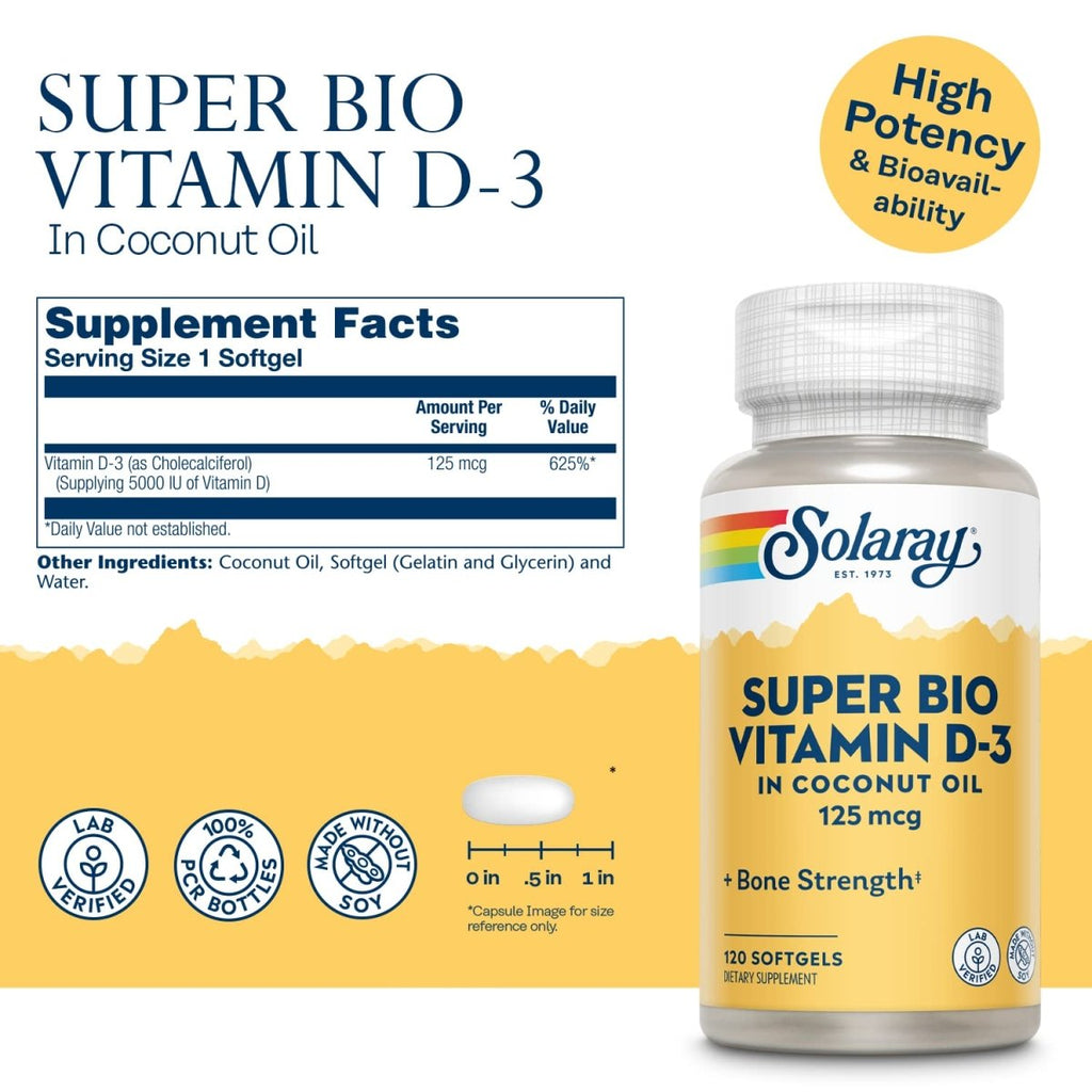 SOLARAY Super Bio Vitamine D-3 dans Huile de Coco Non-OGM 5000UI Soutien des os solides et du système immunitaire Haute biodisponibilité Sans soja 120 gélules
