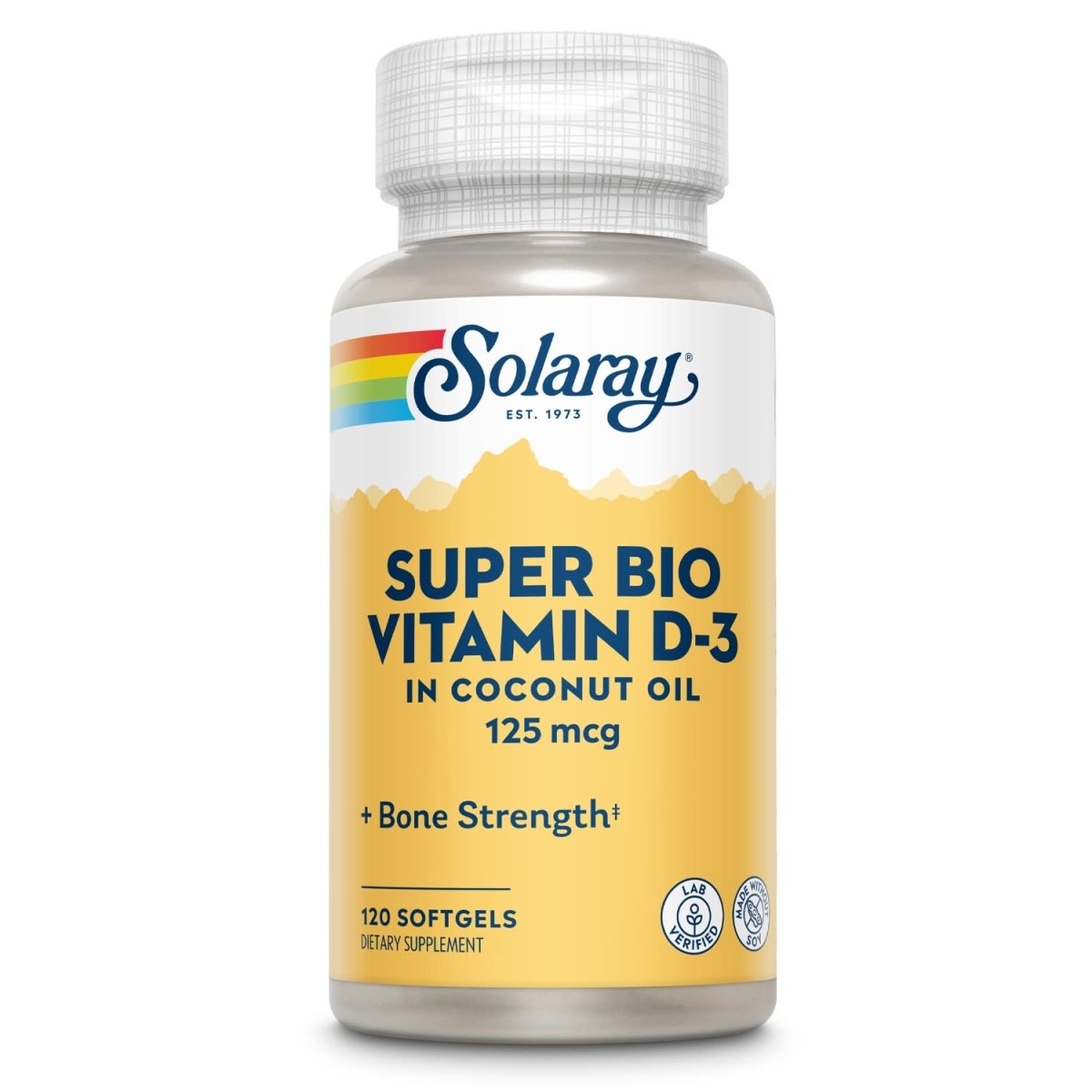 SOLARAY Super Bio Vitamine D-3 dans Huile de Coco Non-OGM 5000UI Soutien des os solides et du système immunitaire Haute biodisponibilité Sans soja 120 gélules