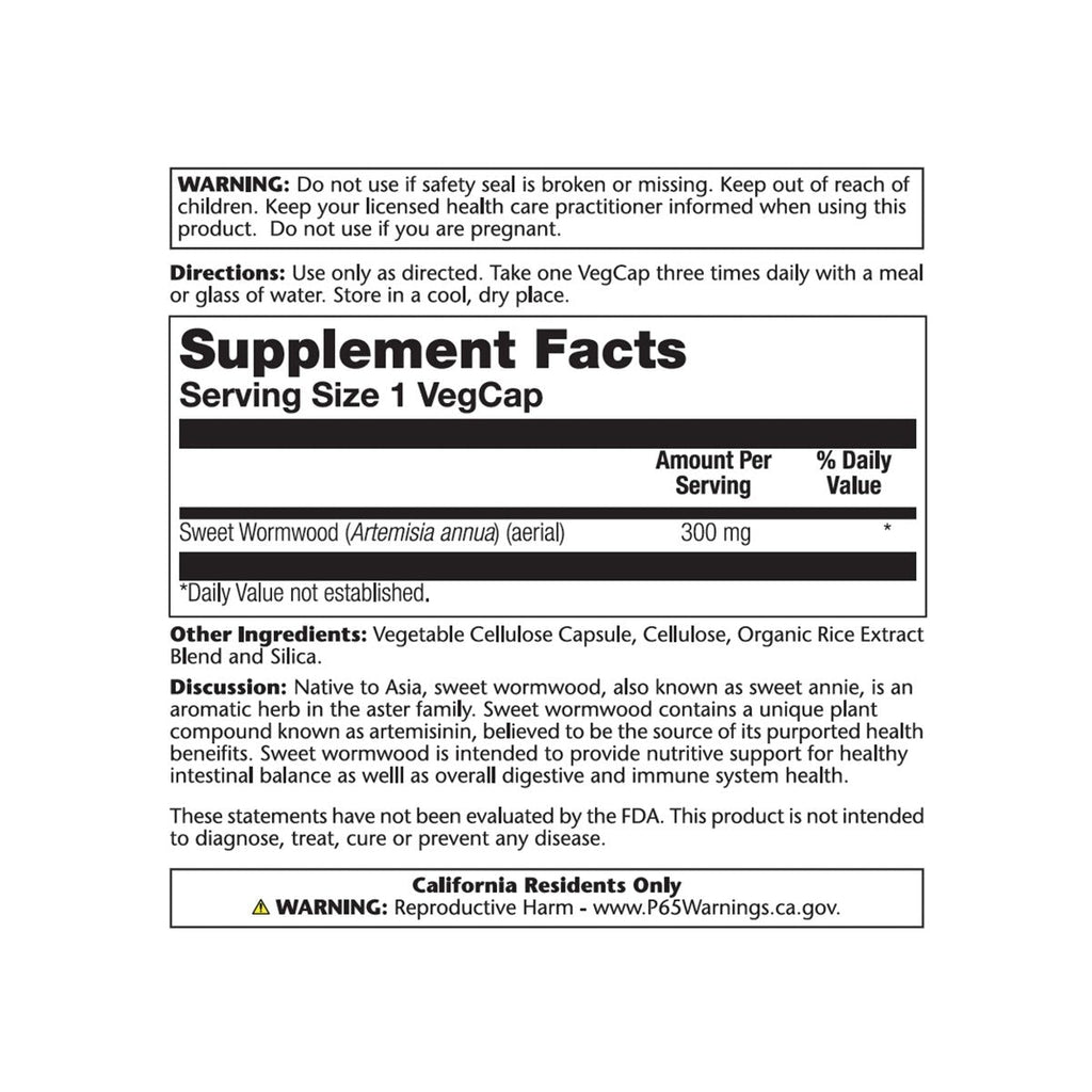 Solaray Armoise Annuelle Aérienne, Gélule Végétale (Flacon-Plastique) 300mg 100 Gélules