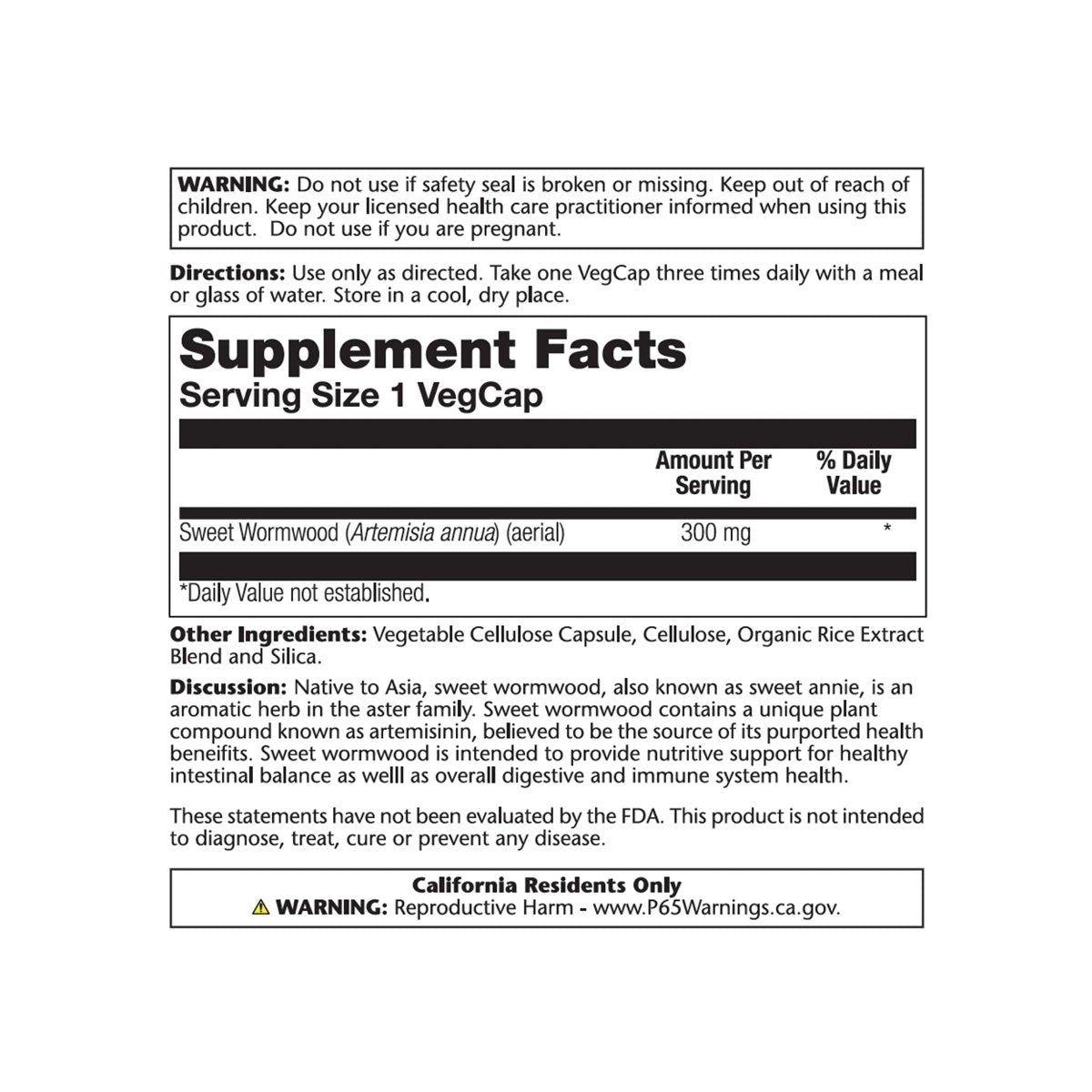 Solaray Armoise Annuelle Aérienne, Gélule Végétale (Flacon-Plastique) 300mg 100 Gélules