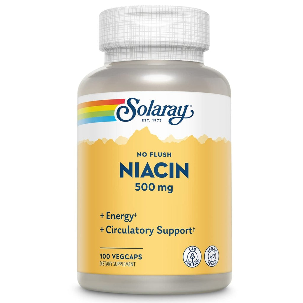 SOLARAY Titre Niacine sans rougeur 500mg, vitamine B3 niacine sans rougeur, soutien du système circulatoire et énergétique, végétalien, vérifié en laboratoire, garantie de remboursement de 60 jours, 100 portions, 100 gélules végétales