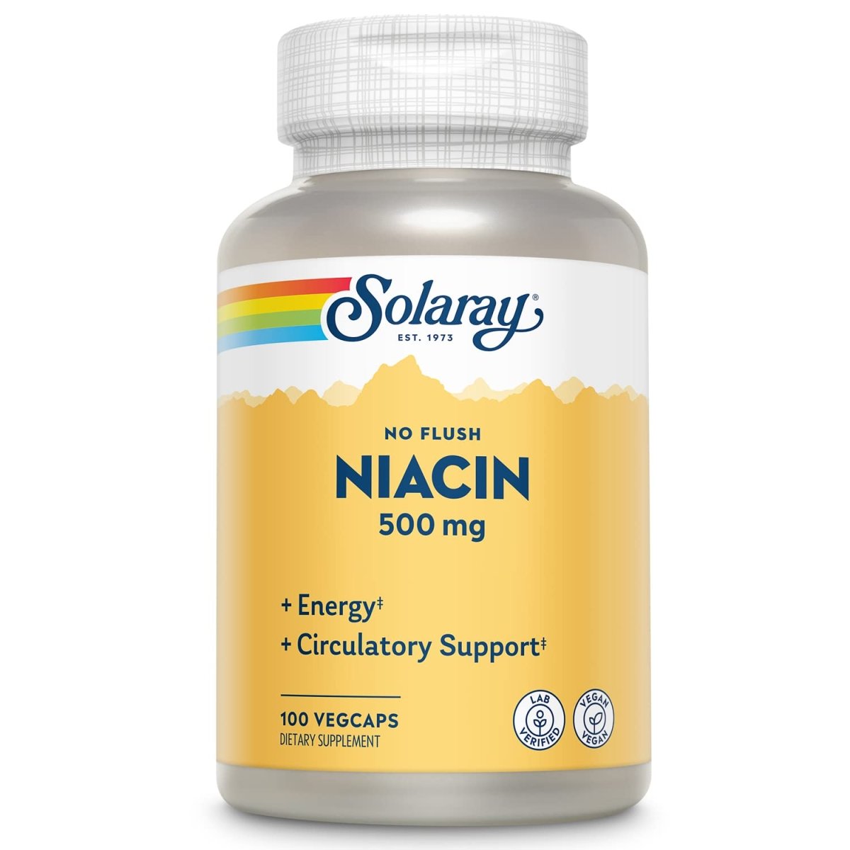 SOLARAY Titre Niacine sans rougeur 500mg, vitamine B3 niacine sans rougeur, soutien du système circulatoire et énergétique, végétalien, vérifié en laboratoire, garantie de remboursement de 60 jours, 100 portions, 100 gélules végétales