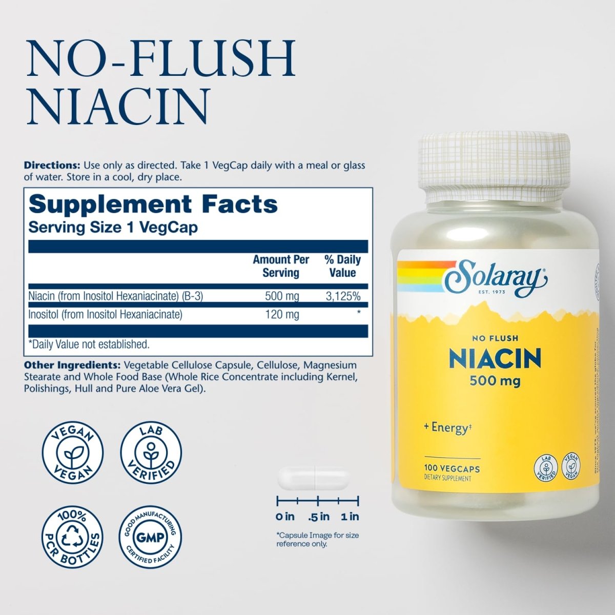 SOLARAY Titre Niacine sans rougeur 500mg, vitamine B3 niacine sans rougeur, soutien du système circulatoire et énergétique, végétalien, vérifié en laboratoire, garantie de remboursement de 60 jours, 100 portions, 100 gélules végétales