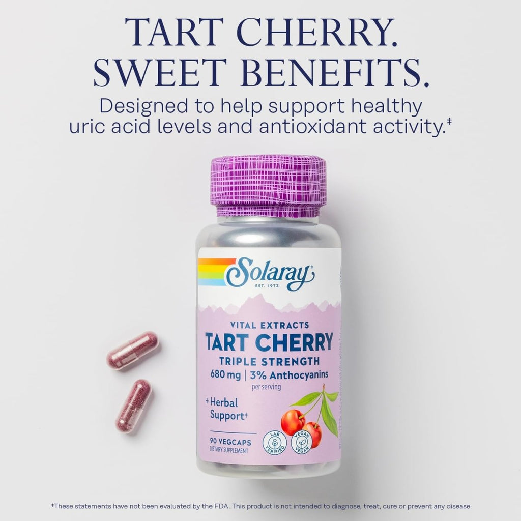SOLARAY Extrait de Cerise Griotte Triple Action - Capsules de Cerise Griotte avec Antioxydants et Anthocyanes pour le Soutien des Niveaux d'Acide Urique - Végétalien, Garantie 60 Jours - 45 Portions, 90 Gélules Végétales